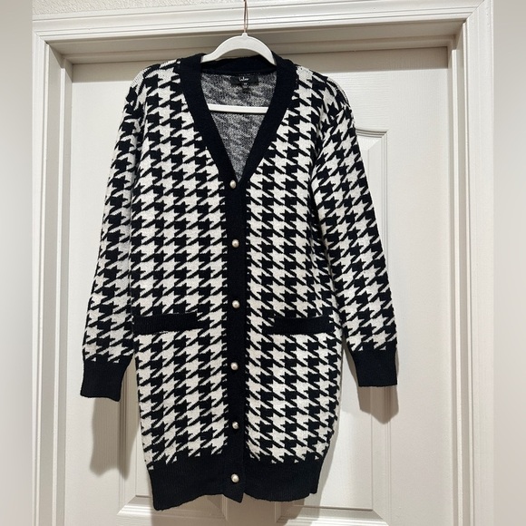 Lulus Truly Iconic Black and White Houndstooth Cardigan Sweater Dress - Picture 4 of 7